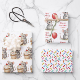 Cute Mouse, Cupcakes and Sprinkles Birthday Geschenkpapier Set