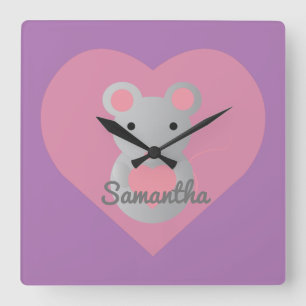 Cute  Mouse Holding a Heart. Quadratische Wanduhr