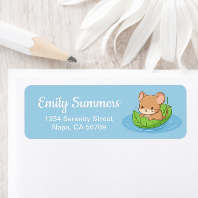 Cute Mouse in a Leaf Boat Blue Return Address (Insitu)