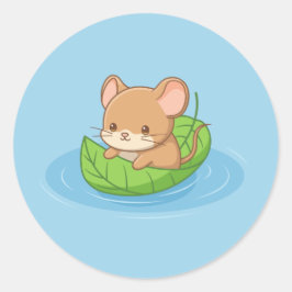Cute Mouse in a Leaf Boat Blue Runder Aufkleber