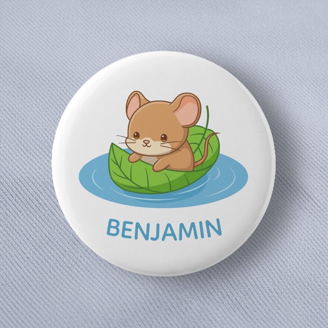 Cute Mouse in a Leaf Boat Custom Name Button (Von Creator hochgeladen)