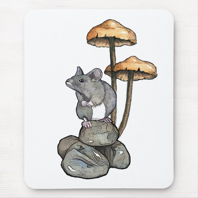 Cute Mouse Standing on Rocks, with Mushrooms Mousepad (Vorne)