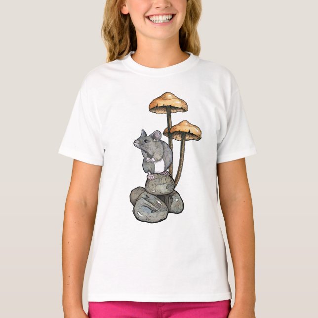 Cute Mouse Standing on Rocks, with Mushrooms T-Shirt (Vorderseite)