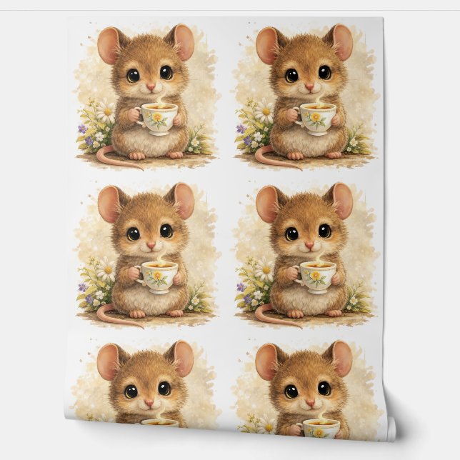 Cute Mouse Tea Pattern Wallpaper Nursery Tapete (Abrollen)