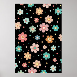Cute Multicolour Flower Pattern On Black Poster