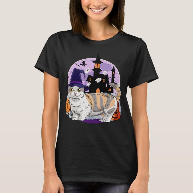 Cute Munchkin Cat Halloween Witch Pumpkin T-Shirt (Vorderseite)