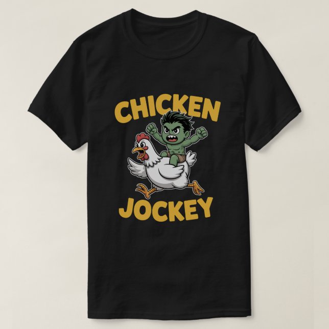 Cute Muscular Green Kid Riding Chicken – Chicken J T-Shirt (Design vorne)