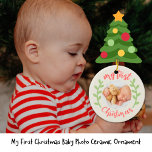 Cute My First Christmas Baby Photo Keramik Ornament<br><div class="desc">Adorable My First Christmas 1 photo baby modern design—with space for the name and year. Christmas stocking and wreath. Festive Christmas Colors: Pastel green and red. Hand lettering script typography.</div>