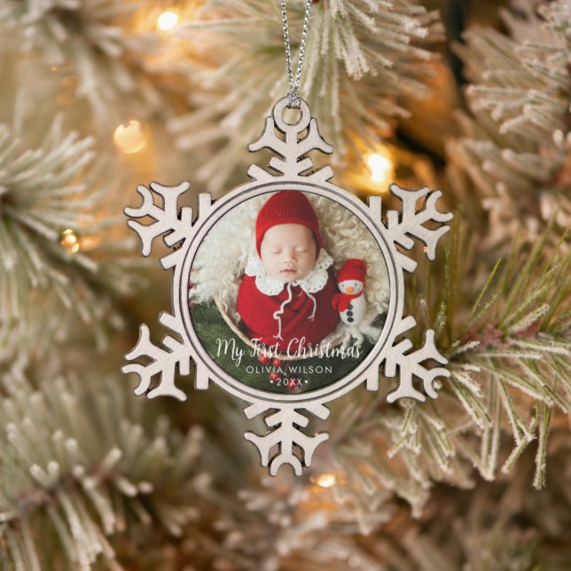 Cute My First Christmas Newborn Baby Photo Schneeflocken Zinn-Ornament (Baum)