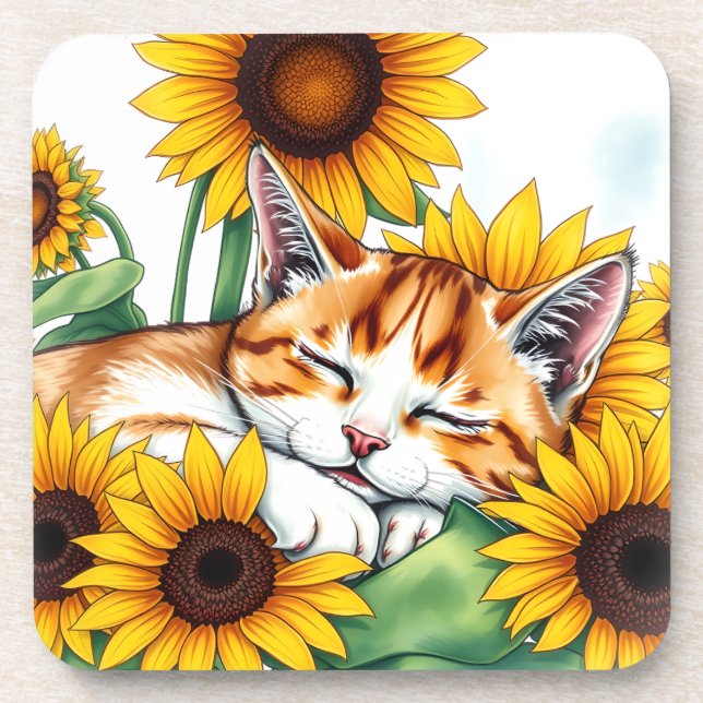Cute Napping Kitten and Sunflowers Getränkeuntersetzer (Vorderseite)