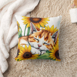 Cute Napping Kitten and Sunflowers Kissen