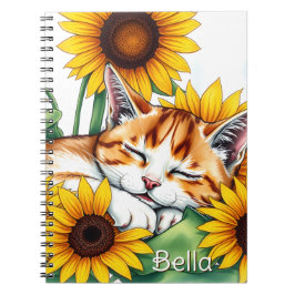 Cute Napping Kitten and Sunflowers Personalized Notizblock
