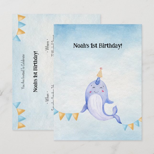 Cute Narwhal Ocean Theme Narwal Birthday Invite Postkarte (Vorne/Hinten)