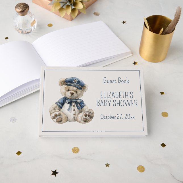 Cute Nautical Blue Baby Bear Baby Shower Gästebuch (Vorderseite Offen)