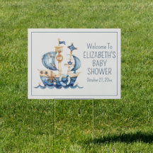 Cute Nautical Blue Sailing Ship Baby Shower