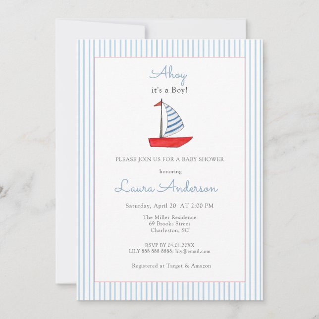Cute Nautical boat Baby boy Baby shower Einladung (Vorderseite)