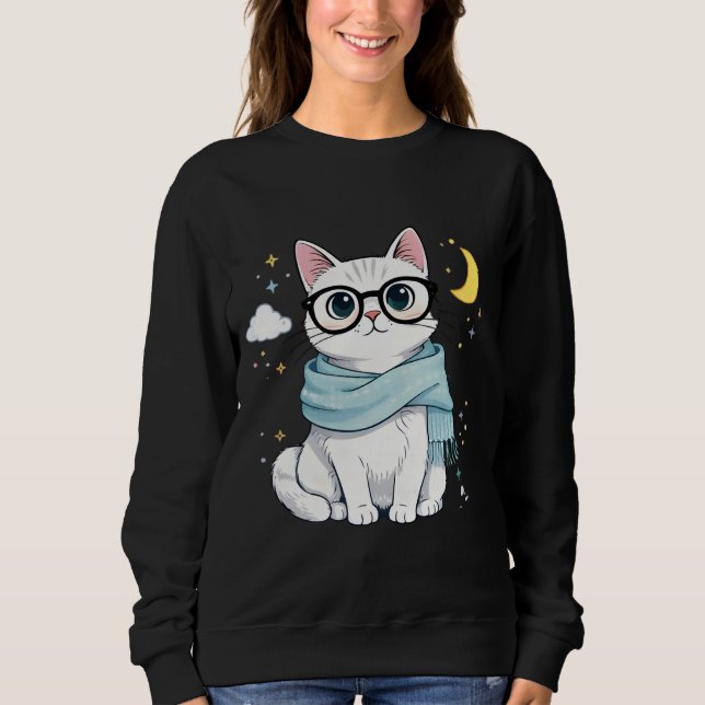 Cute Nerdy Cat with Glasses and Scarf Sweatshirt (Vorderseite)