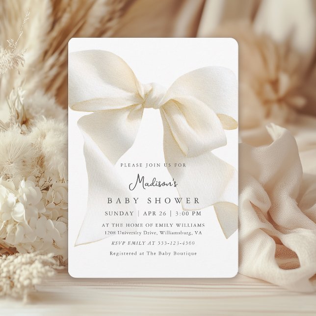 Cute Neutral Ivory Coquette Bow Baby Shower Einladung (Invitation may be ordered in both printed and instant download digital formats.)