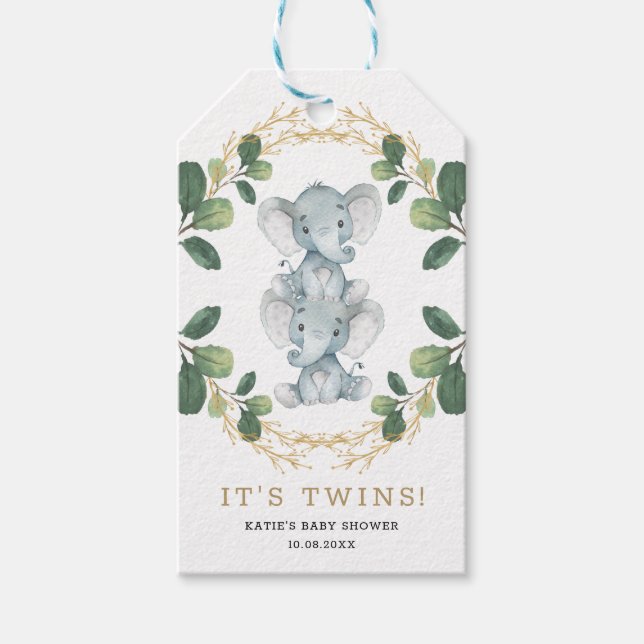 Cute Neutral Twins Elephant Greenerenery Baby Show Geschenkanhänger (Vorderseite)