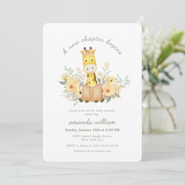 Cute New Chapter Begins Garden Giraffe Baby Shower Einladung (Stehend Vorderseite)