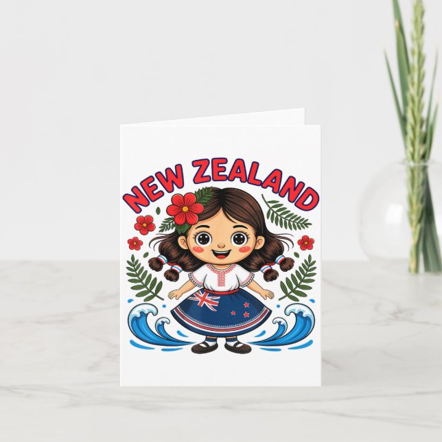 Cute New Zealand Girl With Fern And Waves Dor Kids Karte (Vorderseite)