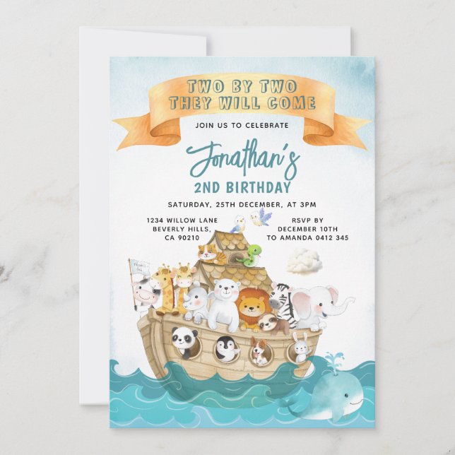 Cute Noah's Ark 2nd Birthday Two By Two Adventure Einladung (Vorderseite)