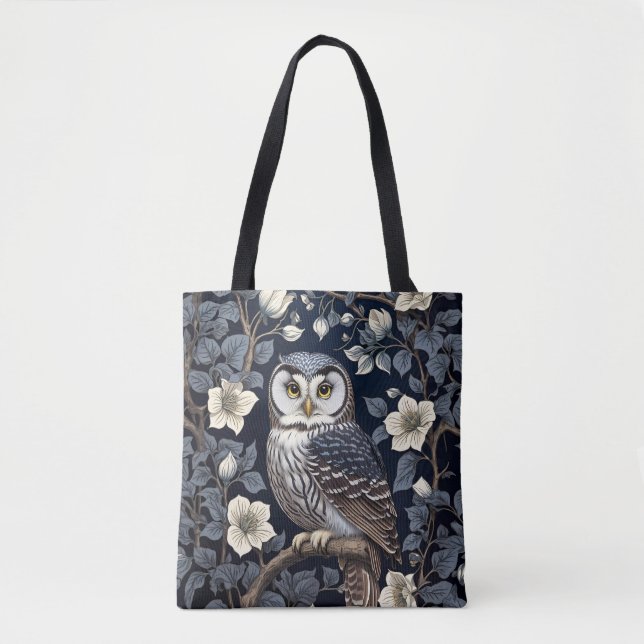Cute Northern Saw-Whet Owl And Moonflowers On Navy (Vorderseite)