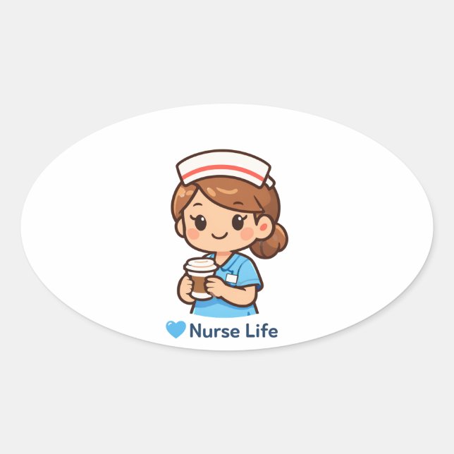 Cute Nurse Life Coffee Illustration | Nurse Sticke Ovaler Aufkleber (Vorderseite)