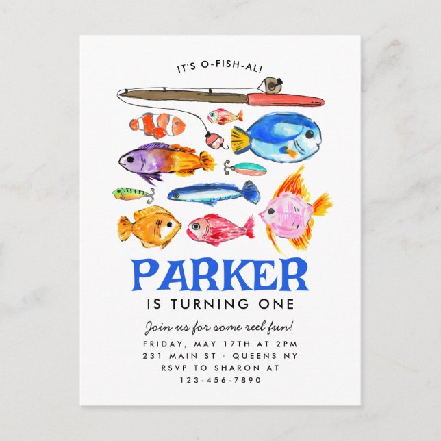 Cute O-Fish-al Reel Fun Gone Fish Fishing Birthday Postkarte (Vorderseite)