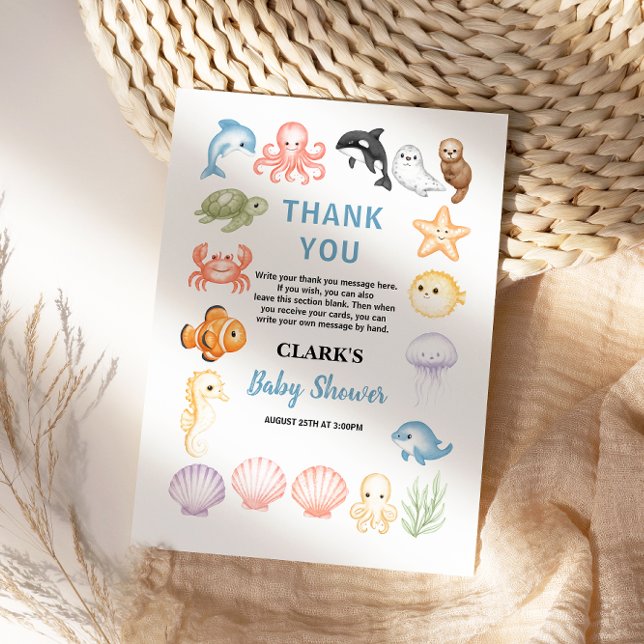 Cute Ocean Under the Sea Animal Baby Shower Dankeskarte (Cute Ocean Under the Sea Animal Baby Shower thank you card)