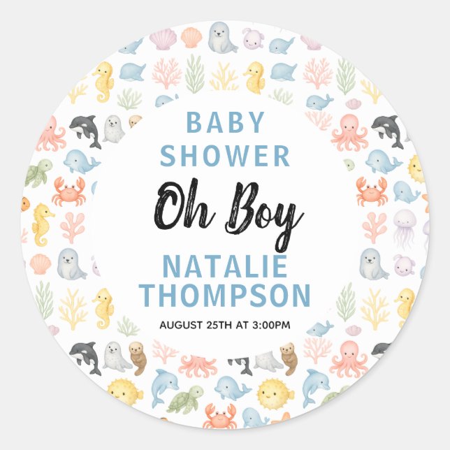 Cute Ocean Under the Sea Animal Baby Shower Runder Aufkleber (Vorderseite)