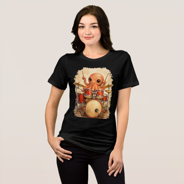 Cute Octopus Drummer Playing Red Drum Kit Art Tri-Blend Shirt (Vorderseite voll)