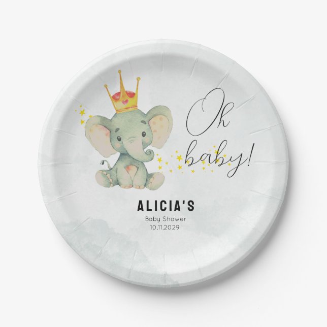 Cute Oh Baby Gender Neutral Elephant Baby Shower Pappteller (Vorderseite)