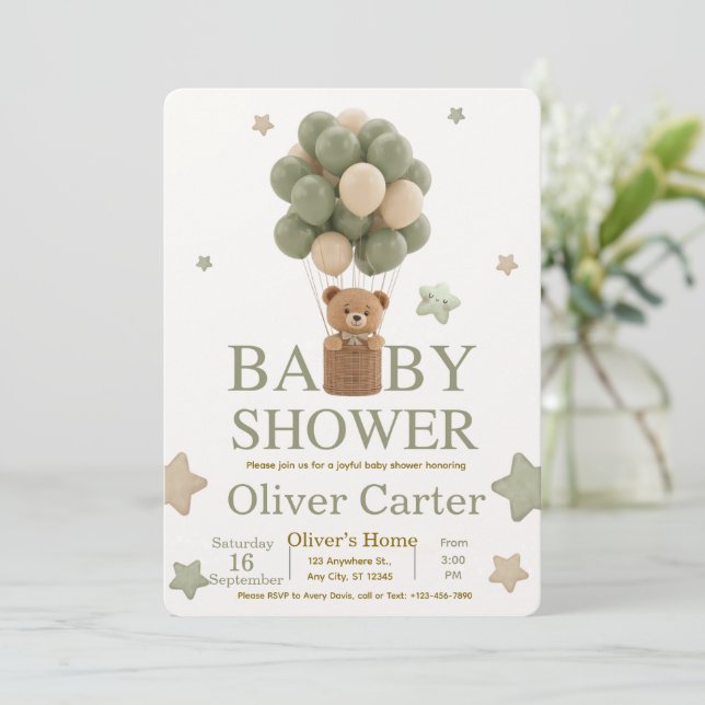 Cute Olive Green Boy Baby Shower Invitation Einladung (Stehend Vorderseite)