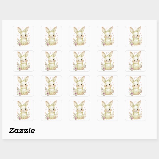 Cute Olive Green Bunny Party Theme Pastel Floral Quadratischer Aufkleber (Blatt)