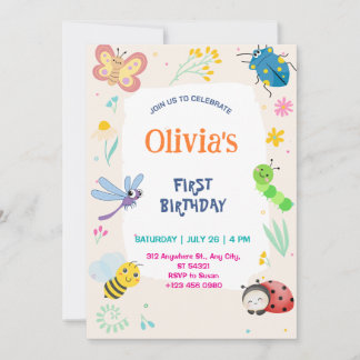 Cute One Bug & Butterflies 1st Birthday Invitation Einladung