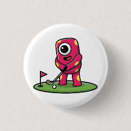 Cute One-Eyed Pink Monster Playing Golf Cartoon Button