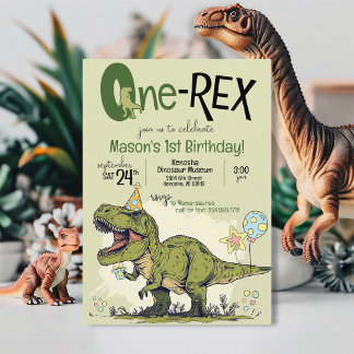 Cute One-Rex Dinosaur Cartoon 1st Birthday Party Einladung