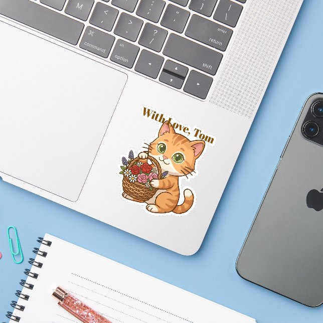 Cute Orange Cat & Spring Flowers: Die-Cut Sticker (Laptop mit iPhone)