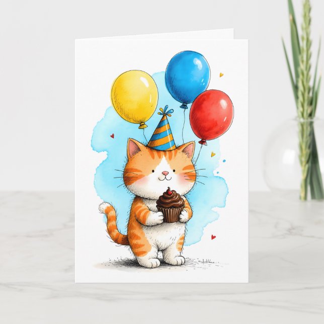 Cute Orange Cat with Cupcake Kid's Happy Birthday Karte (Vorderseite)