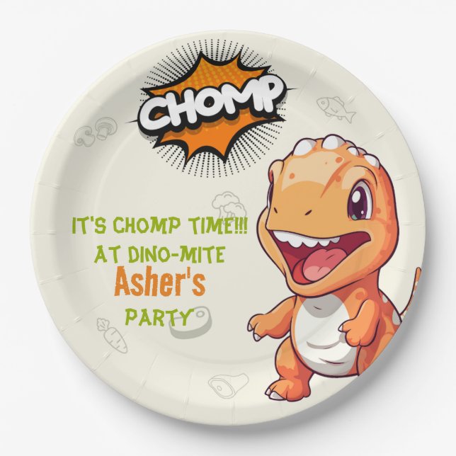 Cute Orange Dinosaur Birthday Party Paper Plates Pappteller (Vorderseite)