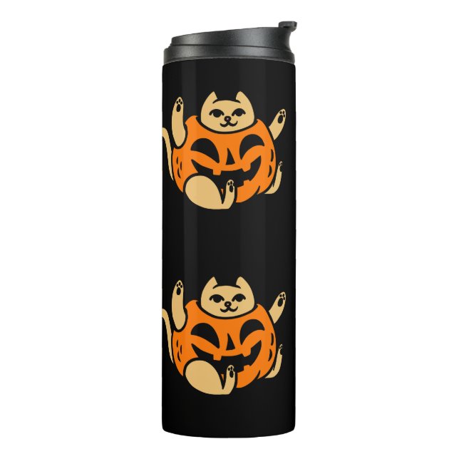 Cute Orange Halloween Cat In Pumpkin Costume Thermosbecher (Nach links gedreht)