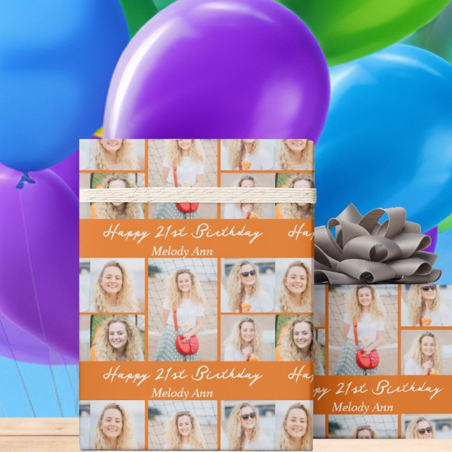 Cute Orange Happy Birthday Photo Collage Custom Geschenkpapier (Von Creator hochgeladen)