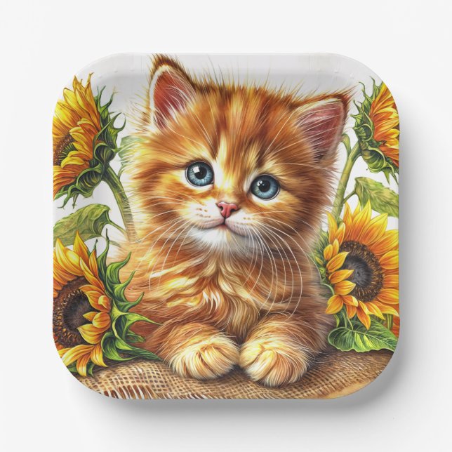 Cute Orange Kitten Among Sunflowers Pappteller (Vorderseite)