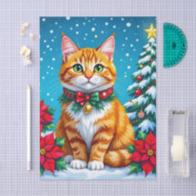 Cute Orange Kitty Cat and Poinsettia Christmas