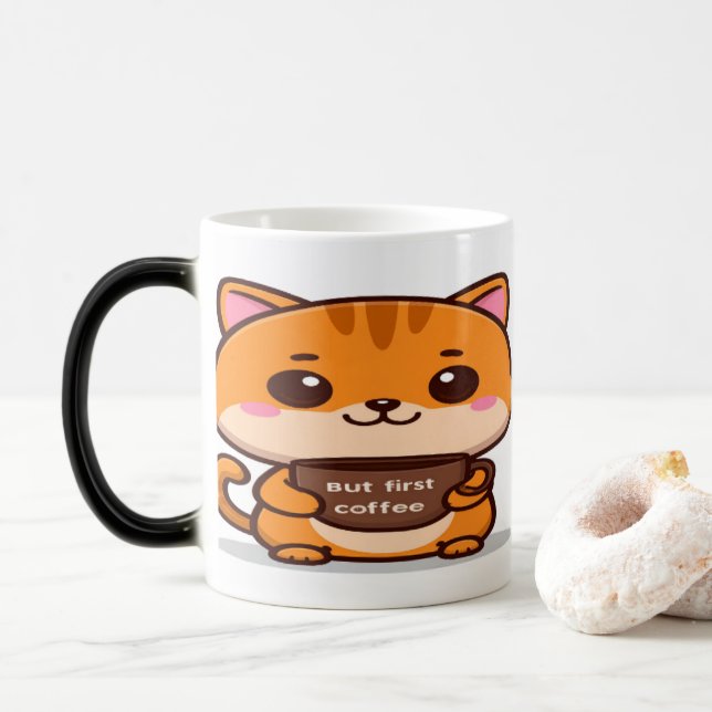 Cute Orange Tabby But First Coffee Verwandlungstasse (Mit Donut)