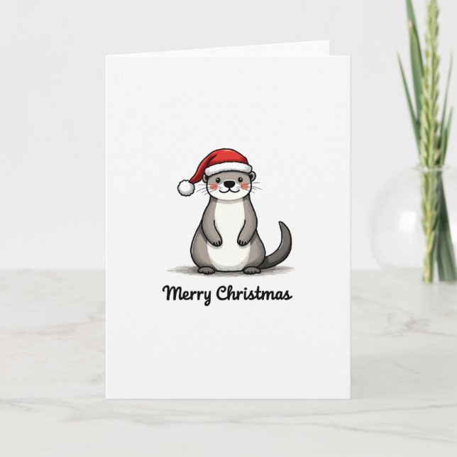 Cute Otter Santa Hat Winter Animal Merry Christmas Karte (Vorderseite)