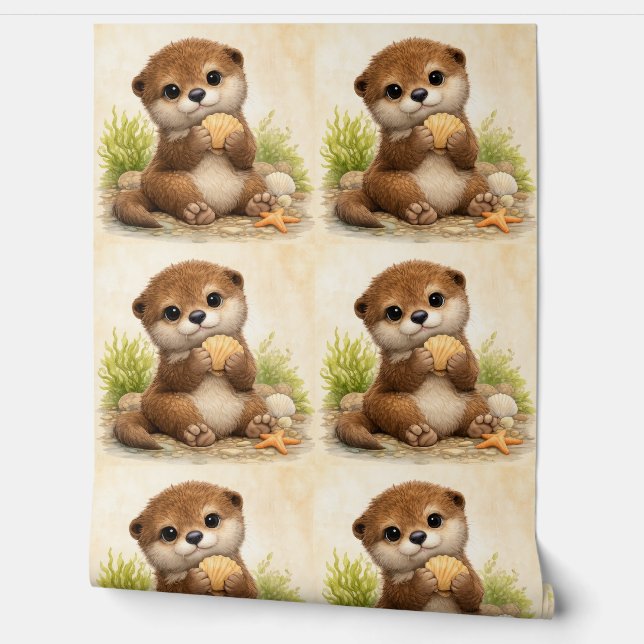Cute Otter Seashell Pattern Wallpaper Tapete (Abrollen)