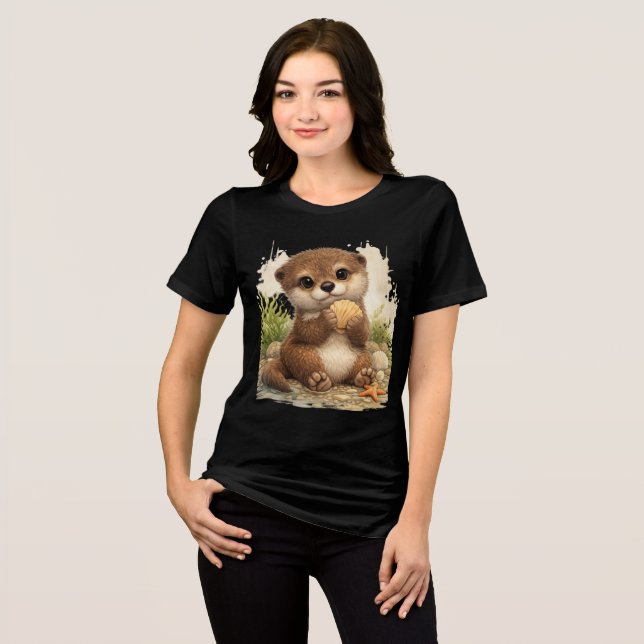 Cute Otter Seashell T-Shirt Kawaii Animal Gift Tri-Blend Shirt (Vorderseite voll)
