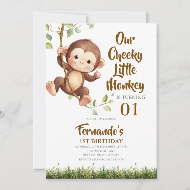Cute Our Cheeky Little Monkey Safari 1st Birthday  Einladung (Vorderseite)